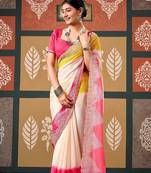 Off white tie and dye embroidered poly chiffon designer bandhani saree