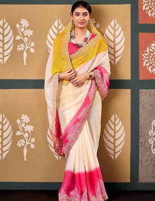 Off white tie and dye embroidered poly chiffon designer bandhani saree 2