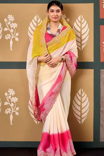 Off white tie and dye embroidered poly chiffon designer bandhani saree