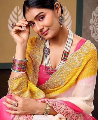 Off white tie and dye embroidered poly chiffon designer bandhani saree 3