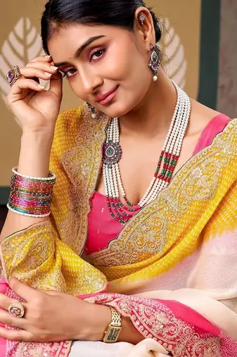 Off white tie and dye embroidered poly chiffon designer bandhani saree