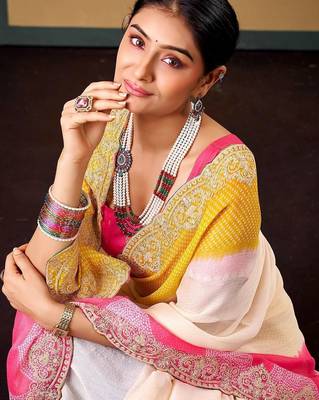 Off white tie and dye embroidered poly chiffon designer bandhani saree 4