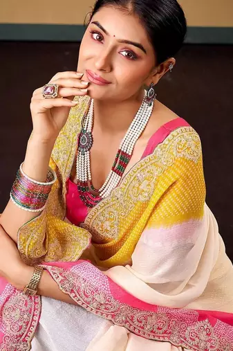 Off white tie and dye embroidered poly chiffon designer bandhani saree
