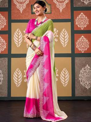 Off white tie and dye embroidered poly chiffon designer bandhani saree 1