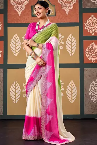 Off white tie and dye embroidered poly chiffon designer bandhani saree