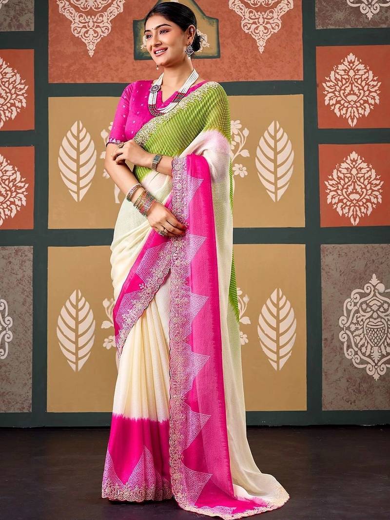 Off white tie and dye embroidered poly chiffon designer bandhani saree