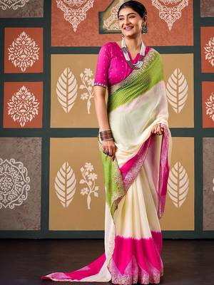 Off white tie and dye embroidered poly chiffon designer bandhani saree 2