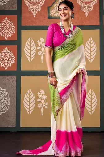 Off white tie and dye embroidered poly chiffon designer bandhani saree