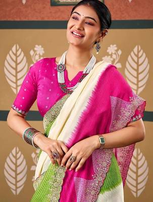 Off white tie and dye embroidered poly chiffon designer bandhani saree 3