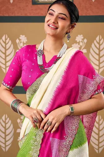 Off white tie and dye embroidered poly chiffon designer bandhani saree