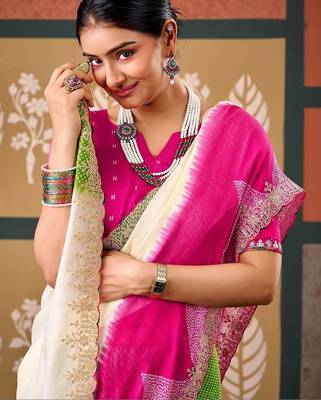 Off white tie and dye embroidered poly chiffon designer bandhani saree 4