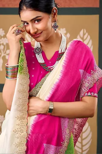 Off white tie and dye embroidered poly chiffon designer bandhani saree