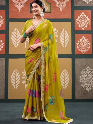 Lime batik embroidered  chiffon designer bandhani saree 1