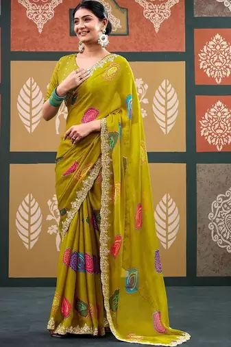 Lime batik embroidered  chiffon designer bandhani saree