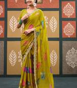 Lime batik embroidered  chiffon designer bandhani saree