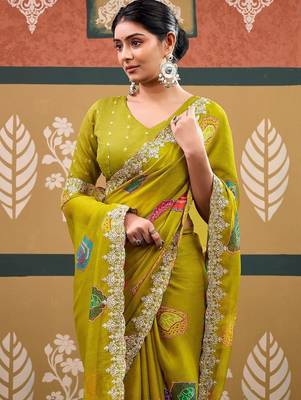 Lime batik embroidered  chiffon designer bandhani saree 2