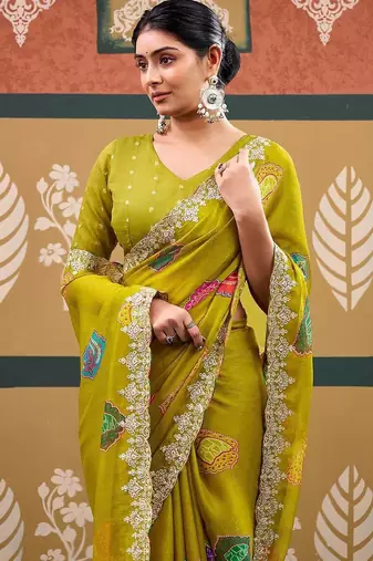 Lime batik embroidered  chiffon designer bandhani saree