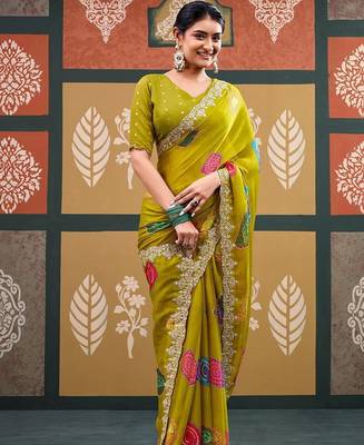 Lime batik embroidered  chiffon designer bandhani saree 3