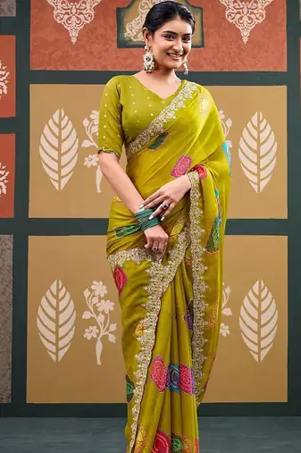 Lime batik embroidered  chiffon designer bandhani saree