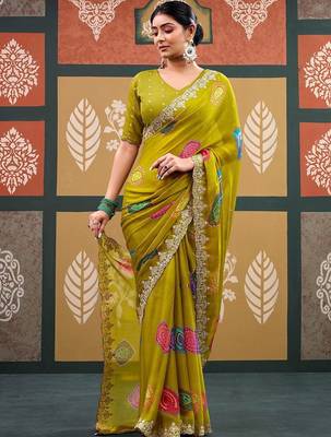Lime batik embroidered  chiffon designer bandhani saree 4