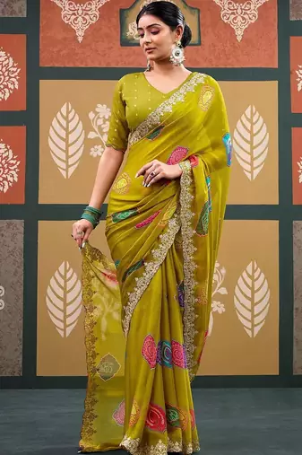 Lime batik embroidered  chiffon designer bandhani saree