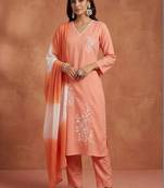 women ethnic motifs embroidered regular thread work kurta with trousers & with dupatta