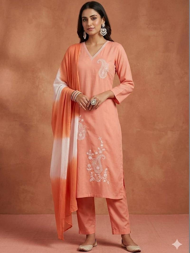 women ethnic motifs embroidered regular thread work kurta with trousers & with dupatta