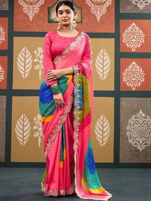 Pink bandhani embroidered  chiffon designer bandhani saree 1