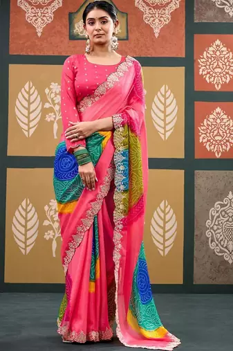 Pink bandhani embroidered  chiffon designer bandhani saree