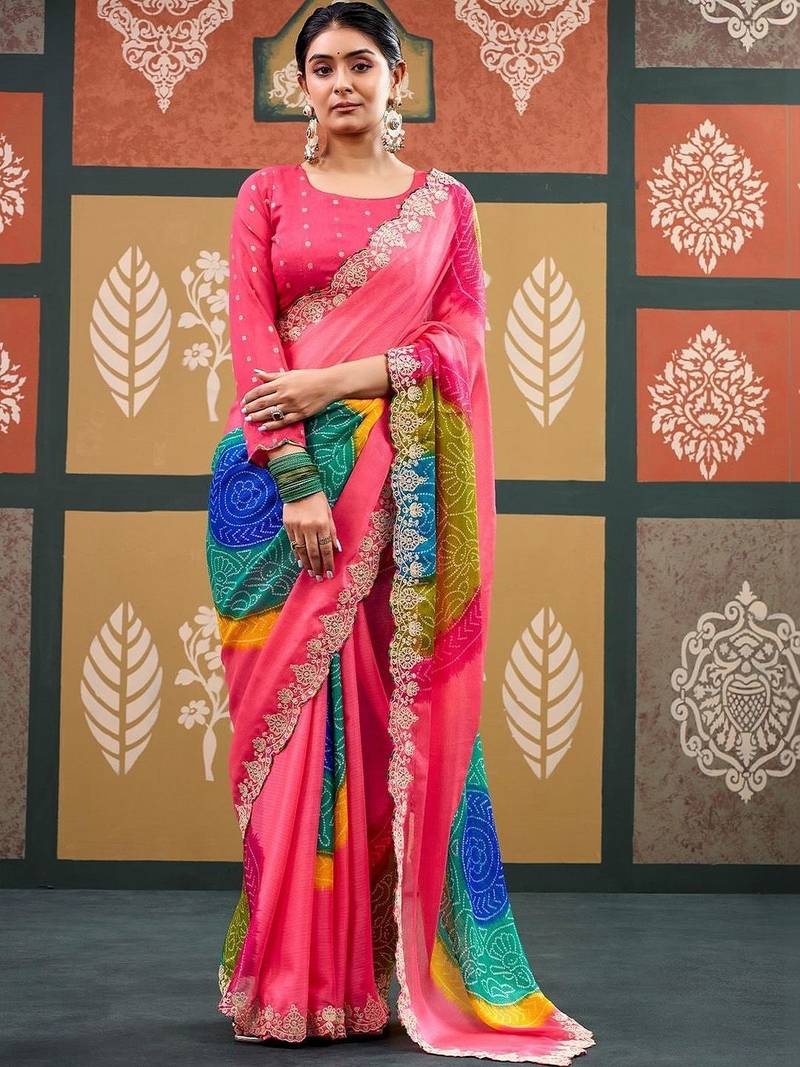 Pink bandhani embroidered  chiffon designer bandhani saree