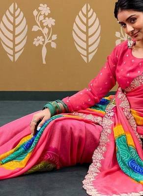 Pink bandhani embroidered  chiffon designer bandhani saree 2
