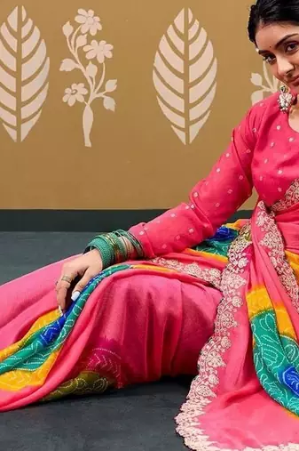 Pink bandhani embroidered  chiffon designer bandhani saree