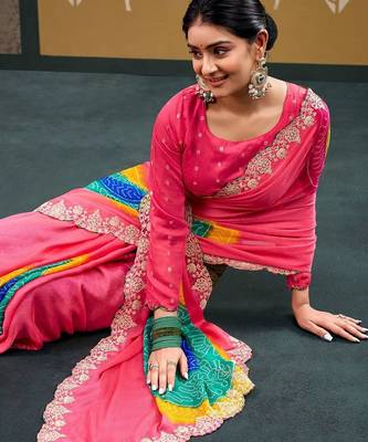 Pink bandhani embroidered  chiffon designer bandhani saree 3