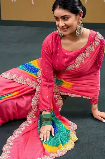 Pink bandhani embroidered  chiffon designer bandhani saree