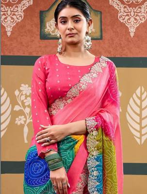 Pink bandhani embroidered  chiffon designer bandhani saree 4