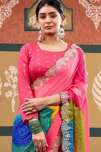 Pink bandhani embroidered  chiffon designer bandhani saree
