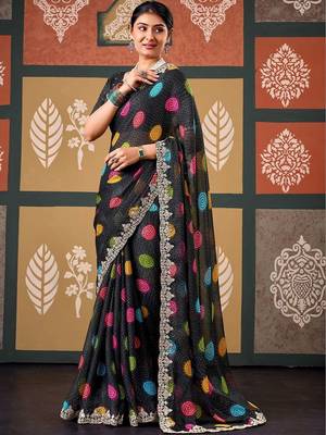 Black bandhani embroidered poly chiffon designer bandhani saree 1