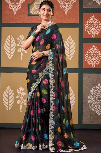 Black bandhani embroidered poly chiffon designer bandhani saree