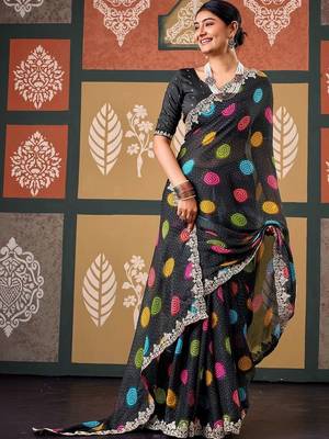 Black bandhani embroidered poly chiffon designer bandhani saree 2