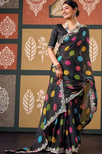 Black bandhani embroidered poly chiffon designer bandhani saree