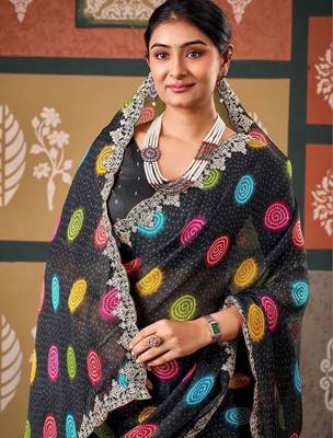 Black bandhani embroidered poly chiffon designer bandhani saree 3
