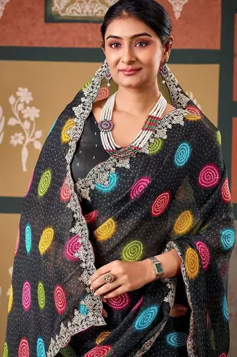 Black bandhani embroidered poly chiffon designer bandhani saree