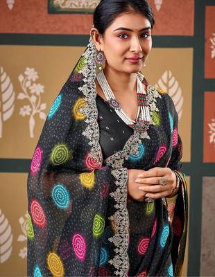 Black bandhani embroidered poly chiffon designer bandhani saree 4