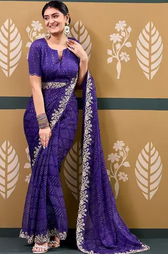 Purple bandhani embroidered  chiffon designer bandhani saree