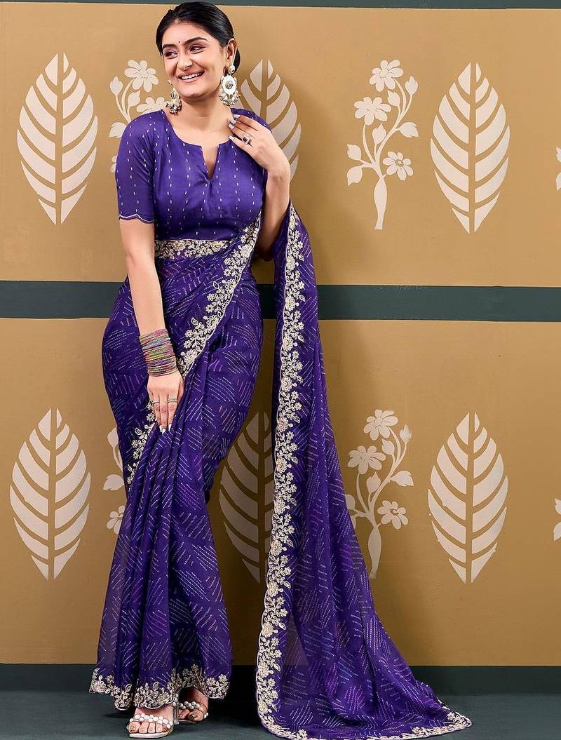 Purple bandhani embroidered  chiffon designer bandhani saree