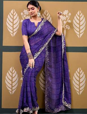 Purple bandhani embroidered  chiffon designer bandhani saree 2