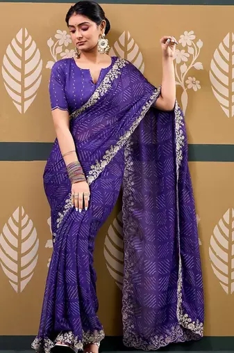 Purple bandhani embroidered  chiffon designer bandhani saree