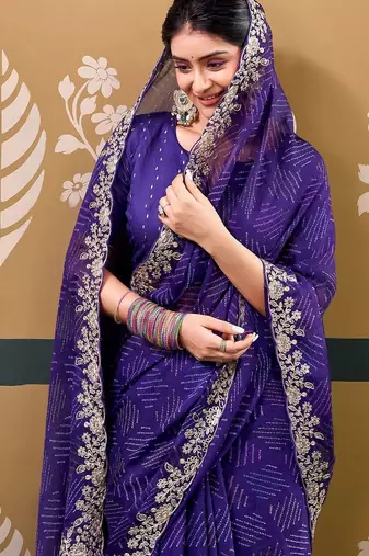 Purple bandhani embroidered  chiffon designer bandhani saree