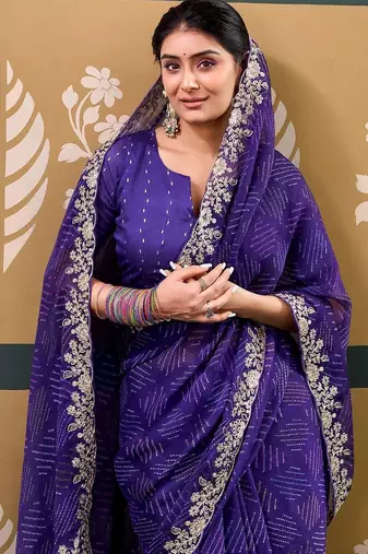 Purple bandhani embroidered  chiffon designer bandhani saree