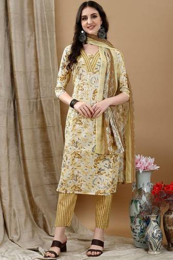 women floral printed regular  cotton kurta with trousers & with dupatta